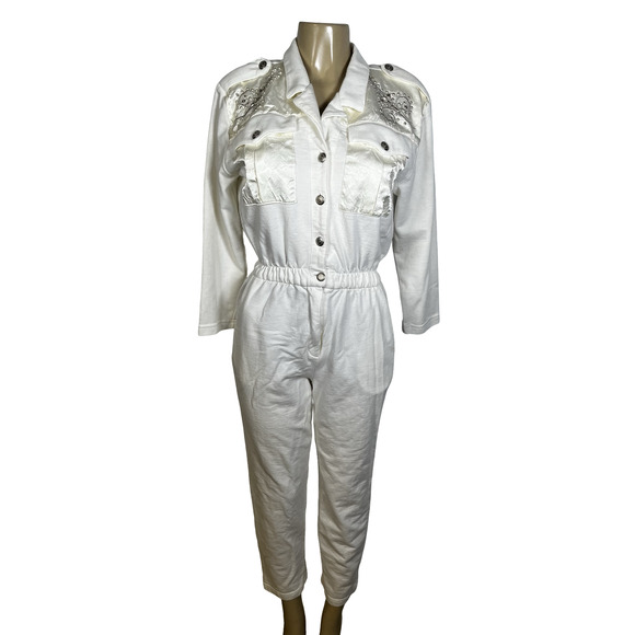 Vintage Saint Germain Paris Jumpsuit Womens 10 White Button Down Embellished 80s - Picture 2 of 16